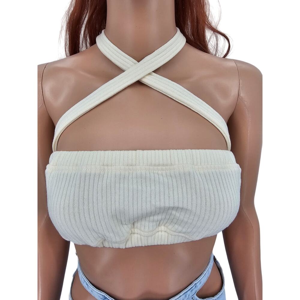 Revolve Weworewhat Womans size L Tie Halter Bra Top Wide Rib Ivory Bandeaux NEW
